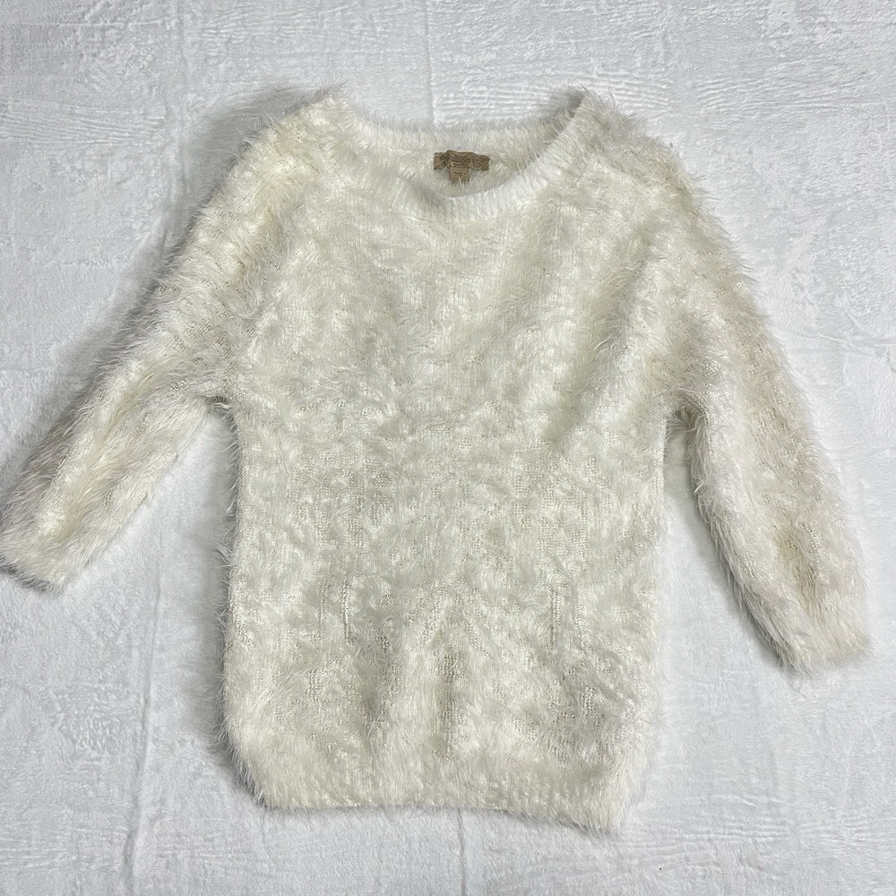 NINE WEST Vintage American Collection Faux Fur Sweater White Boho SZ M SOFT